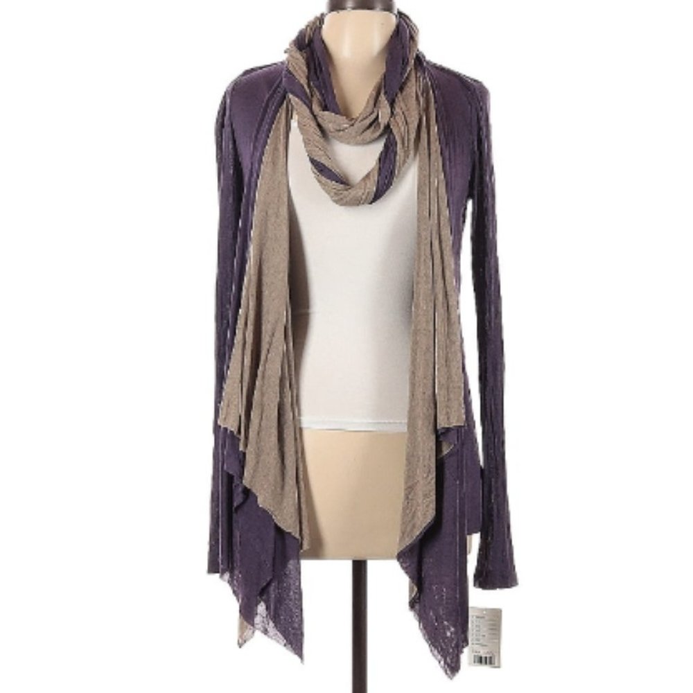 Anthropologie Three Dots Purple Tan Cardigan Detachable Infinity Scarf NWT Sz L